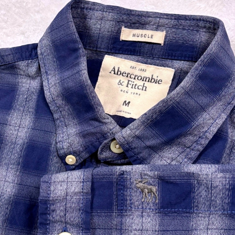 Y2K Abercrombie Fitch Button Down Shirt Men M Blue Plaid Muscle Logo Long Sleeve